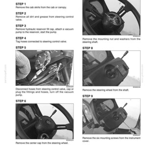 May include: A black and white diagram illustrating the removal of a steering control valve. The steps include removing the cab skirts, cleaning the valve, and disconnecting hoses. The image includes close-ups of the steering wheel and related components.