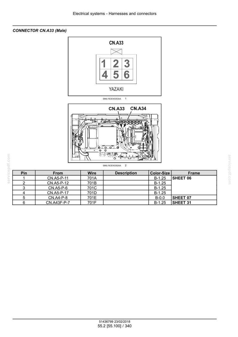 May include: Diagram of an electrical connector, CN.A33, with a male connector layout. The diagram includes a pin layout with numbers 1 through 6, a table with pin, wire, and color-size information, and the YAZAKI logo.