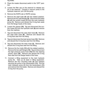 May include: A manual page with instructions for disconnecting a hydraulic system's variable displacement pump. The text includes numbered steps and diagrams. Measurements are in inches, with metric equivalents.