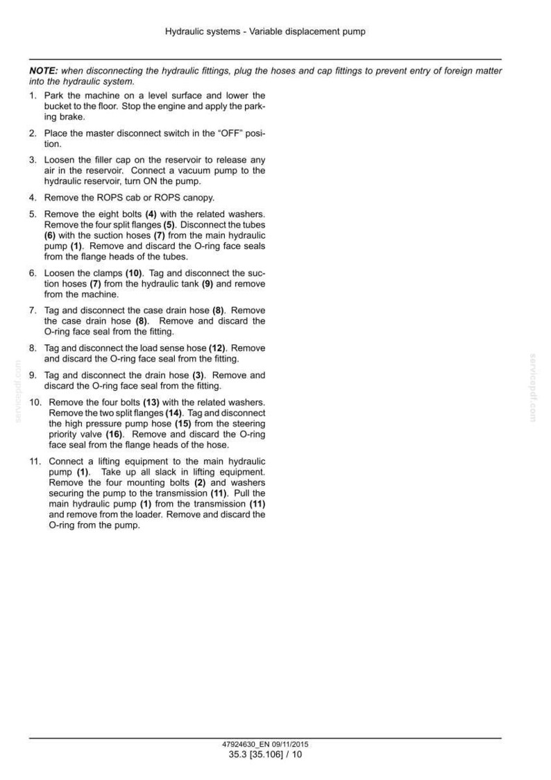 May include: A manual page with instructions for disconnecting a hydraulic system's variable displacement pump. The text includes numbered steps and diagrams. Measurements are in inches, with metric equivalents.