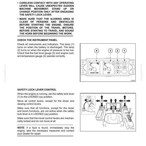 K&ouml;nnte beinhalten: Seite aus einem Handbuch, das die Maschinenbedienung detailliert beschreibt, einschlie&szlig;lich Motorstartpr&uuml;fungen und Sicherheitsverriegelungshebelsteuerung. Diagramme veranschaulichen die Instrumententafel mit Anzeigen und ein Bedienfeld mit Hebeln.