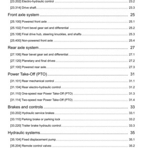 May include: A detailed page from a manual, featuring a table of contents with sections on Four-Wheel Drive, Front Axle, Rear Axle, Power Take-Off, Brakes, and Hydraulic systems. The text is black on a white background.