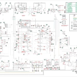 May include: A detailed hydraulic schematic for a CX160C/CX180C excavator. The diagram is complex, featuring numerous lines, symbols, and annotations in red and green on a white background. Text includes "HYDRAULIC SCHEMATIC".