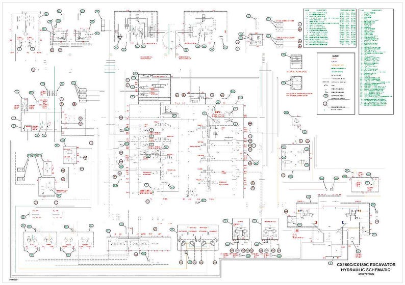 May include: A detailed hydraulic schematic for a CX160C/CX180C excavator. The diagram is complex, featuring numerous lines, symbols, and annotations in red and green on a white background. Text includes "HYDRAULIC SCHEMATIC".