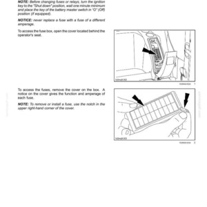 May include: Diagram illustrating fuse and relay locations, with instructions for accessing and replacing fuses. Includes text about safety precautions and fuse replacement procedures. The image shows a fuse box and a fuse panel.