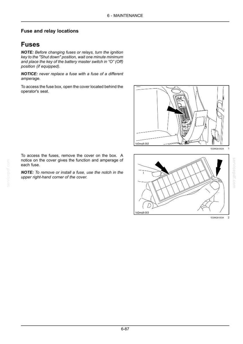 May include: Diagram illustrating fuse and relay locations, with instructions for accessing and replacing fuses. Includes text about safety precautions and fuse replacement procedures. The image shows a fuse box and a fuse panel.