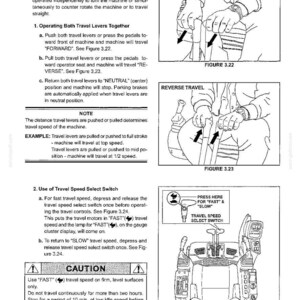 May include: A technical manual page titled Section III - BASIC MACHINE OPERATION, detailing travel controls with black and white line drawings showing forward and reverse lever movements, and a travel speed select switch with rabbit and turtle icons.