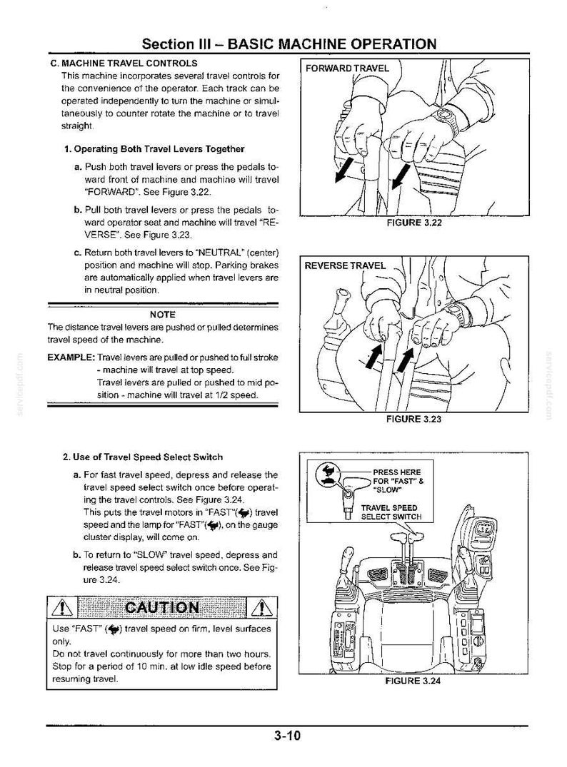 May include: A technical manual page titled Section III - BASIC MACHINE OPERATION, detailing travel controls with black and white line drawings showing forward and reverse lever movements, and a travel speed select switch with rabbit and turtle icons.