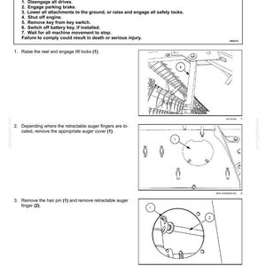 May include: Diagram of a retractable finger assembly removal procedure. The image includes step-by-step instructions with illustrations, including raising lift locks, removing auger covers, and removing hair pins and fingers. Safety warnings are also included.