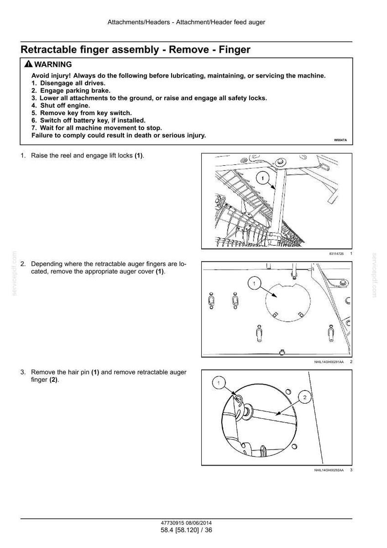May include: Diagram of a retractable finger assembly removal procedure. The image includes step-by-step instructions with illustrations, including raising lift locks, removing auger covers, and removing hair pins and fingers. Safety warnings are also included.