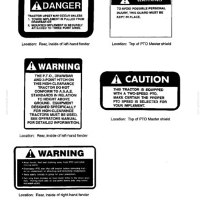 May include: A collection of five black and white safety decals for a tractor, featuring DANGER, WARNING, and CAUTION headers with text instructions regarding PTO, drawbar, and hitch usage, including specific placement labels for each sticker.