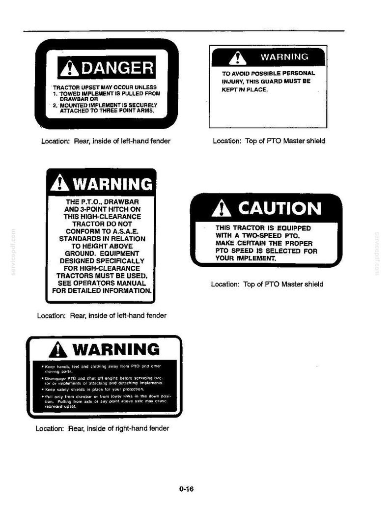 May include: A collection of five black and white safety decals for a tractor, featuring DANGER, WARNING, and CAUTION headers with text instructions regarding PTO, drawbar, and hitch usage, including specific placement labels for each sticker.