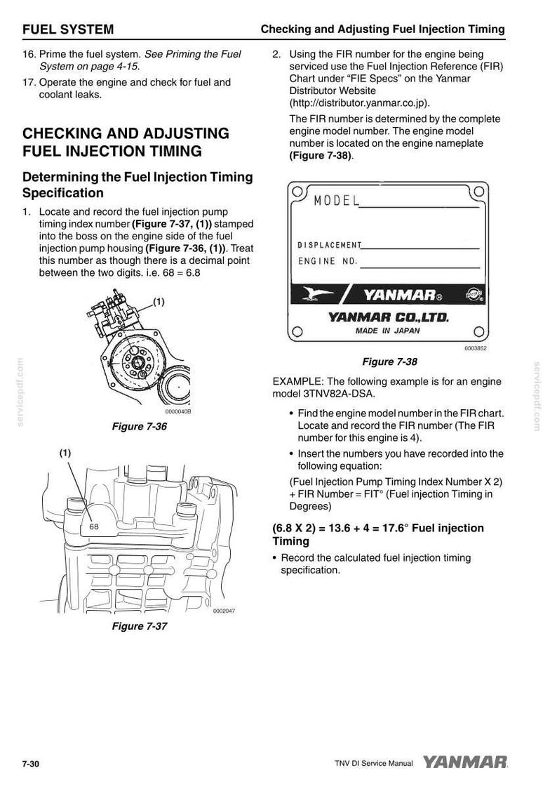 May include: Diagrams and instructions from a Yanmar TNV DI Service Manual. The page includes figures 7-36, 7-37, and 7-38, detailing fuel injection timing specifications and engine model number location.