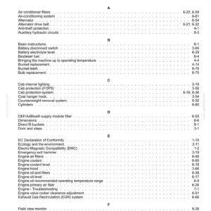 May include: Index page from a manual, listing various automotive components and systems. The text is organized alphabetically, with topics like air filters, engine components, and safety features.