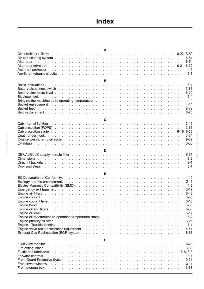 May include: Index page from a manual, listing various automotive components and systems. The text is organized alphabetically, with topics like air filters, engine components, and safety features.
