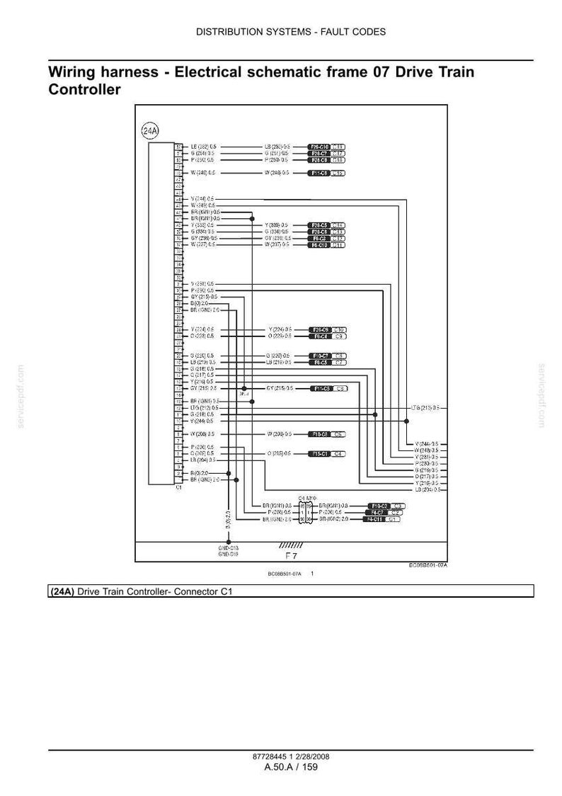 May include: Electrical schematic of a drive train controller, featuring wiring diagrams and fault codes. The diagram includes connector details and various component labels, with text such as "Distribution Systems - Fault Codes".
