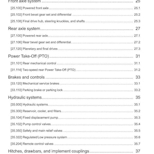 May include: A detailed page from a manual, listing automotive systems and components. Sections include front and rear axle systems, brakes, hydraulic systems, and steering. The text is black on a white background.