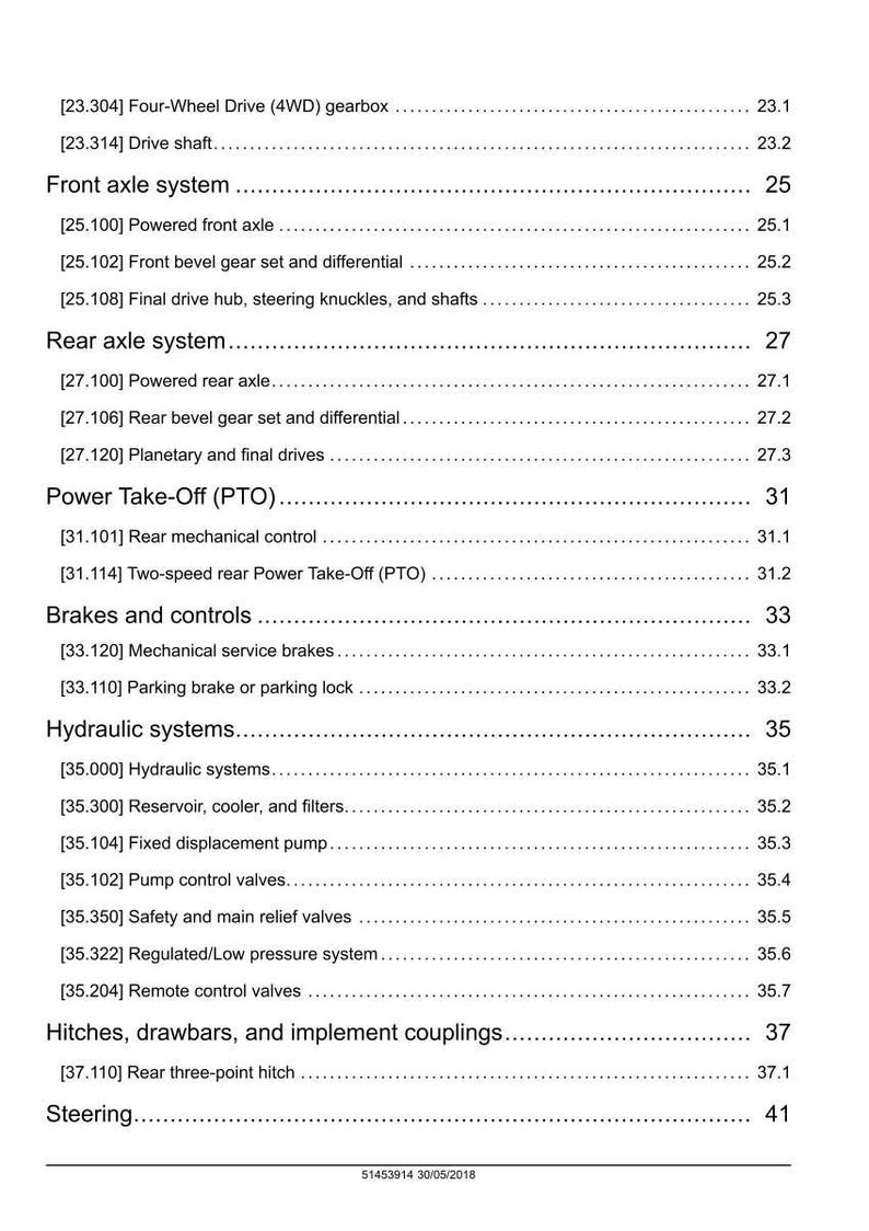 May include: A detailed page from a manual, listing automotive systems and components. Sections include front and rear axle systems, brakes, hydraulic systems, and steering. The text is black on a white background.