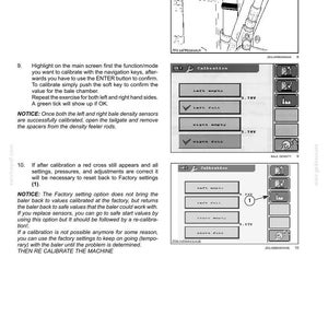 May include: Image of a machine's control panel with text and diagrams related to calibration and settings. The screen displays options like "Left Empty" and "Left Full" with voltage readings. Instructions are provided for calibration and resetting to factory settings.