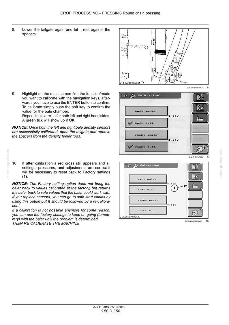 May include: Image of a machine's control panel with text and diagrams related to calibration and settings. The screen displays options like "Left Empty" and "Left Full" with voltage readings. Instructions are provided for calibration and resetting to factory settings.