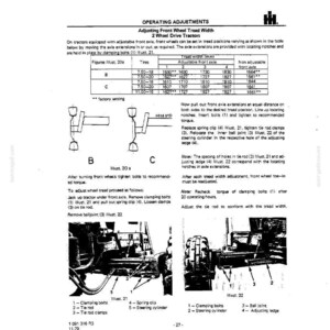 K&ouml;nnte beinhalten: Eine technische Zeichnung, die die Einstellung der Spurweite der Vorderr&auml;der f&uuml;r Traktoren mit 2-Rad-Antrieb zeigt. Das Dokument enth&auml;lt Tabellen mit Messungen in Millimetern, Diagramme und Anweisungen.