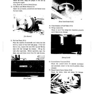 May include: A technical manual page titled 12.2 UPPER containing instructions for machinery maintenance. It features black and white diagrams of a car heater, fuel tank drain cock, swing lock, and travel control lever joints with text labels.