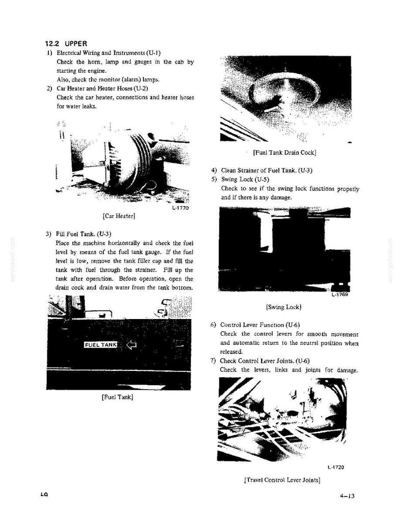 May include: A technical manual page titled 12.2 UPPER containing instructions for machinery maintenance. It features black and white diagrams of a car heater, fuel tank drain cock, swing lock, and travel control lever joints with text labels.