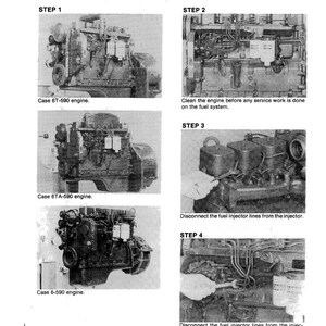May include: A black and white technical diagram detailing the servicing of a fuel system, specifically the injection pump removal. The diagram includes images of engines and instructions, with text such as "Case 6T-590 engine" and "Disconnect the fuel injector lines."