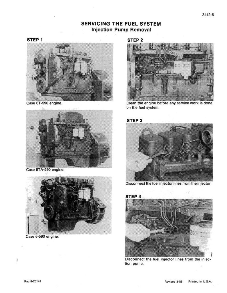 May include: A black and white technical diagram detailing the servicing of a fuel system, specifically the injection pump removal. The diagram includes images of engines and instructions, with text such as "Case 6T-590 engine" and "Disconnect the fuel injector lines."