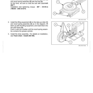 May include: Diagram illustrating the installation of track tension units. The instructions detail the steps for installing the take-up roller, recoil spring assembly, and shoe assembly. Includes measurements in both Newton-meters and pound-feet.