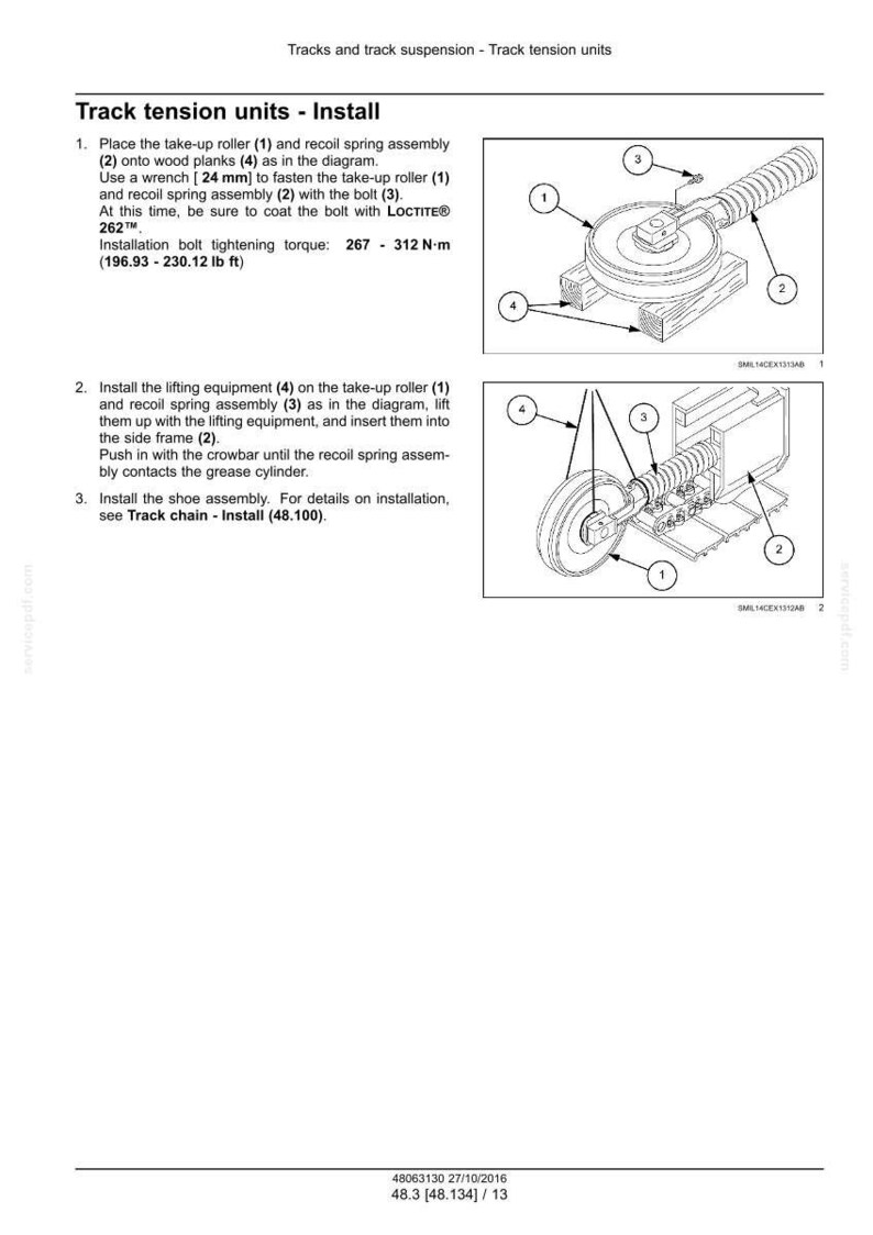 May include: Diagram illustrating the installation of track tension units. The instructions detail the steps for installing the take-up roller, recoil spring assembly, and shoe assembly. Includes measurements in both Newton-meters and pound-feet.