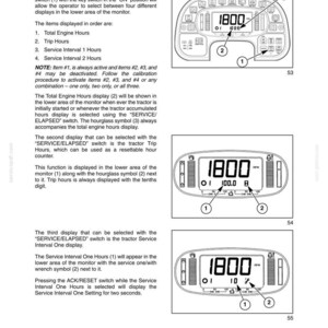 May include: A technical manual page titled SECTION 2 - OPERATION, featuring three black and white line drawings of a tractor monitor display. The diagrams illustrate the Hours (Service Elapsed) Switch, showing digital readouts of 1800 RPM.
