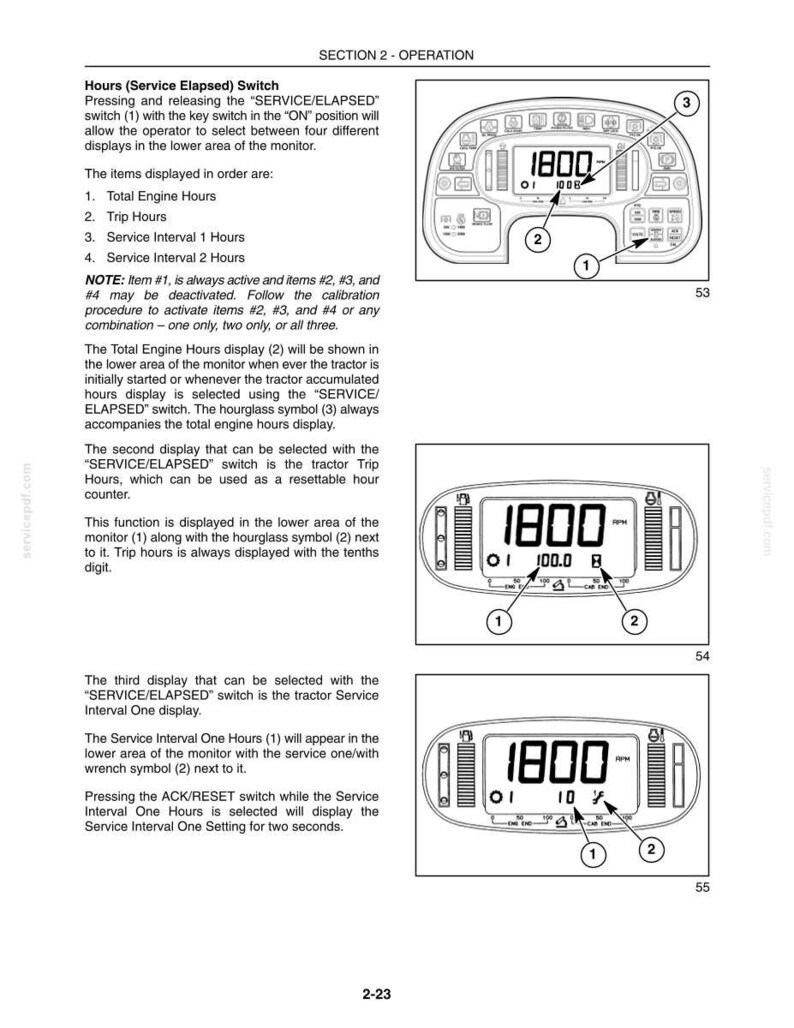 May include: A technical manual page titled SECTION 2 - OPERATION, featuring three black and white line drawings of a tractor monitor display. The diagrams illustrate the Hours (Service Elapsed) Switch, showing digital readouts of 1800 RPM.