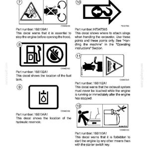 May include: A page of safety decals and hand signals for machinery. The decals include warnings about stopping the engine, fuel tank location, and exhaust system safety. Text includes part numbers and instructions.