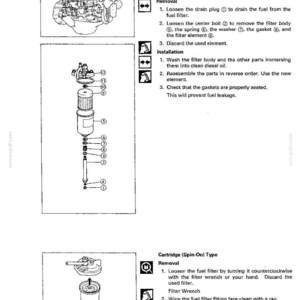 May include: A technical manual page titled FUEL SYSTEM detailing maintenance procedures for Center Bolt Type and Cartridge Spin-On Type fuel filters. It includes black and white line drawings of engine components, numbered parts, and step-by-step instructions.