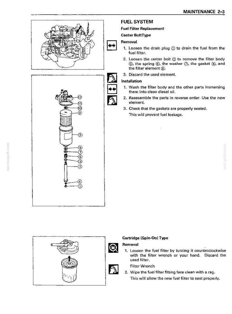 May include: A technical manual page titled FUEL SYSTEM detailing maintenance procedures for Center Bolt Type and Cartridge Spin-On Type fuel filters. It includes black and white line drawings of engine components, numbered parts, and step-by-step instructions.