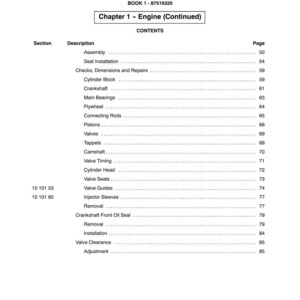 May include: A page from a manual titled "SECTION 10 - ENGINE" with a table of contents. The table lists engine components and procedures, including "Cylinder Block," "Crankshaft," and "Valve Timing." The page number is visible.