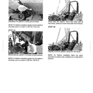 May include: A page from a manual with four illustrated steps for platform installation. The steps include disconnecting straps, raising the platform, removing nuts, and moving the platform. Text includes torque specifications in foot-pounds.