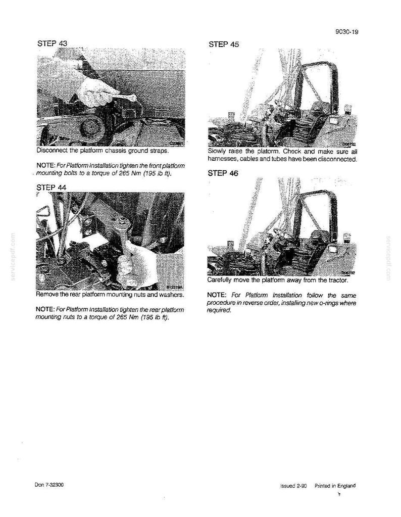 May include: A page from a manual with four illustrated steps for platform installation. The steps include disconnecting straps, raising the platform, removing nuts, and moving the platform. Text includes torque specifications in foot-pounds.