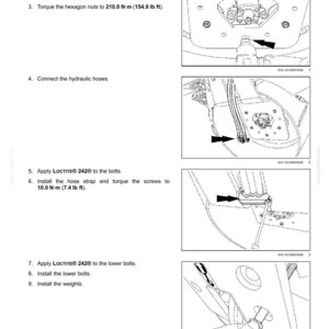 May include: Diagram of a hydraulic system installation process. Instructions include applying Loctite to bolts and nuts, connecting hoses, and installing components. Measurements are provided in both Newton-meters and pound-feet.