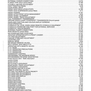K&ouml;nnte beinhalten: Eine Indexseite eines technischen Handbuchs mit einer alphabetischen Liste von Themen zur Traktorbedienung und -wartung, einschlie&szlig;lich Fehlercodes, Hydrauliksteuerungen, Getriebeeinstellungen und Anh&auml;ngevorrichtungen, jeweils mit Seitenzahl.