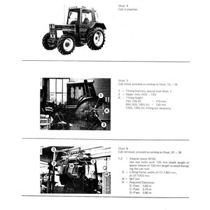 May include: A page from a general service guide with illustrations of tractor cab positions. The guide includes diagrams and text detailing cab tilting, removal, and related measurements in millimeters and meters.