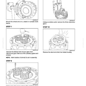 May include: Diagram of mechanical components with step-by-step instructions. Includes images of gears, shafts, and tools. Text instructions detail removing and assembling parts, including the use of a puller and snap ring pliers.