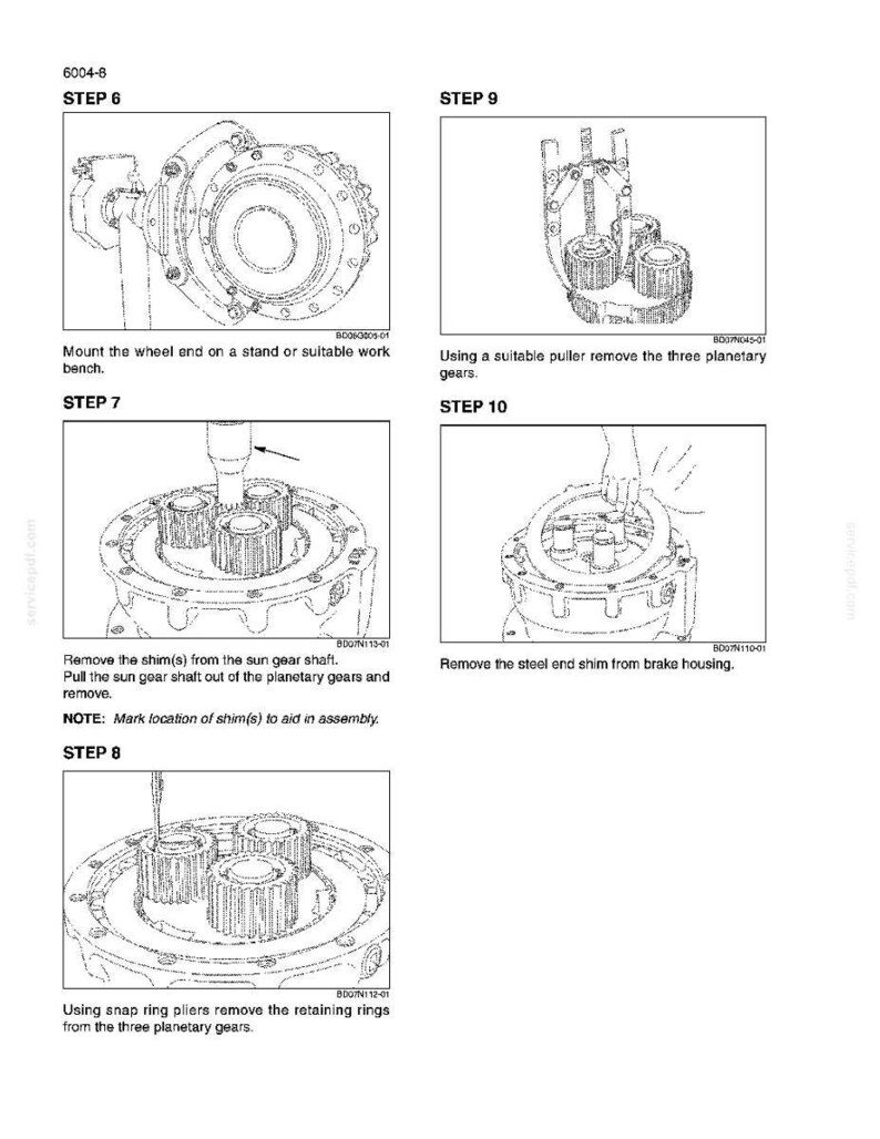 May include: Diagram of mechanical components with step-by-step instructions. Includes images of gears, shafts, and tools. Text instructions detail removing and assembling parts, including the use of a puller and snap ring pliers.