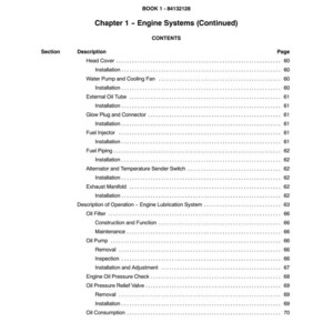 Pode incluir: Uma p&aacute;gina de manual intitulada "SECTION 10 - ENGINE" com um sum&aacute;rio. O sum&aacute;rio lista os componentes do sistema do motor, como a tampa da cabe&ccedil;a, a bomba de &aacute;gua, o injetor de combust&iacute;vel e o filtro de &oacute;leo, com os n&uacute;meros das p&aacute;ginas.