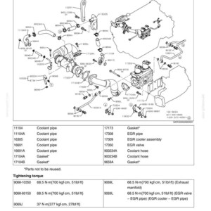 May include: Diagram of an EGR (Exhaust Gas Recirculation) system with various components labeled, including coolant pipes, gaskets, and valves. The image is a technical illustration with measurements in both metric and imperial units.
