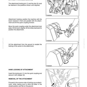 May include: Diagrams illustrating the installation and removal of attachments for a machine. The images show steps for picking up and hand-locking attachments, including the use of locking pins and clips. Text explains each step.