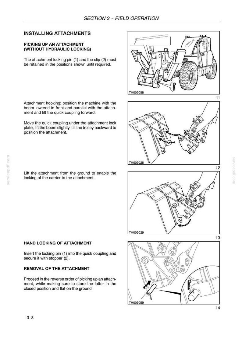 May include: Diagrams illustrating the installation and removal of attachments for a machine. The images show steps for picking up and hand-locking attachments, including the use of locking pins and clips. Text explains each step.