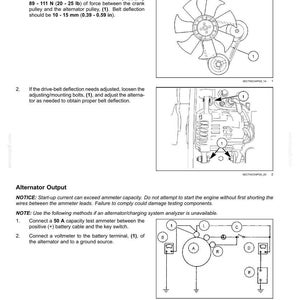 May include: Diagram of an alternator test procedure. Includes illustrations of an alternator drive belt, and a wiring diagram for alternator output testing. Text includes measurements in inches and pounds.