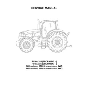 May include: A service manual cover featuring a line drawing of a tractor. The Case IH Agriculture logo is at the top. Text includes "SERVICE MANUAL" and tractor model information: PUMA 205 and PUMA 225.